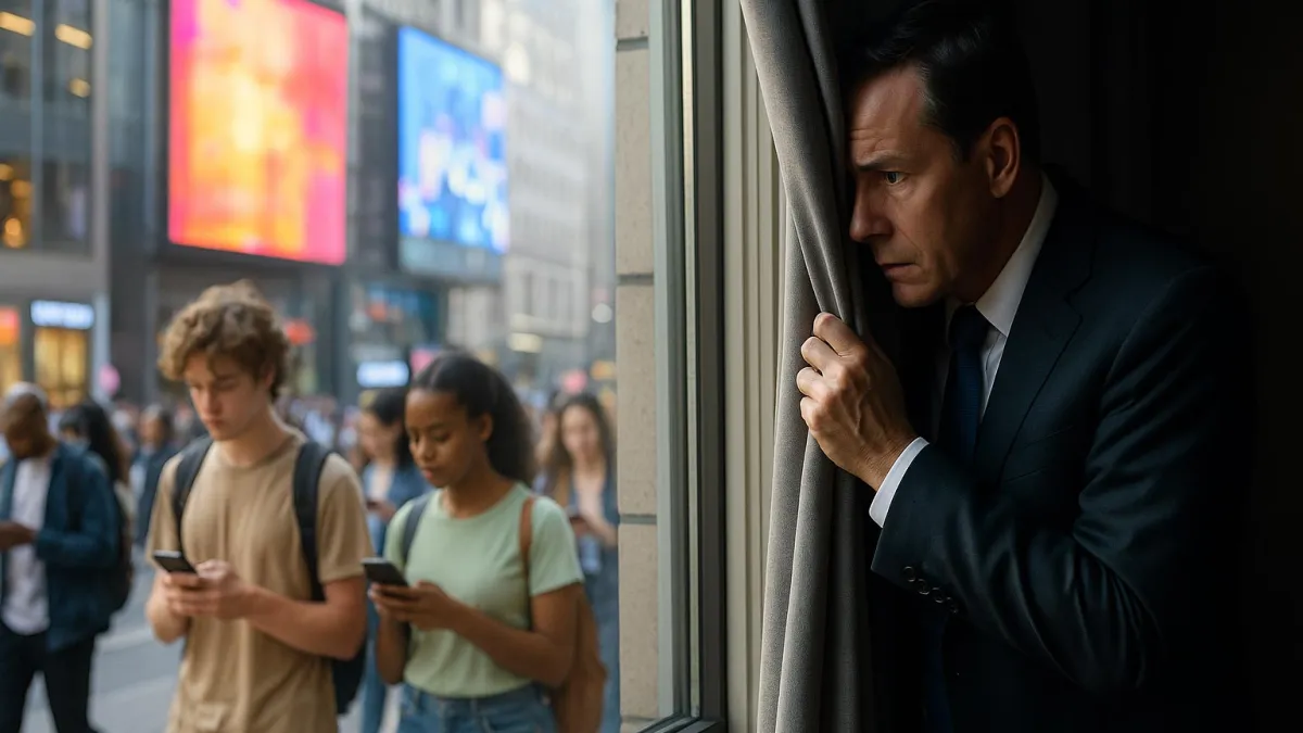 Traditional Executive Hiding Behind the Curtain Looking Out at Gen-Z Engaged World