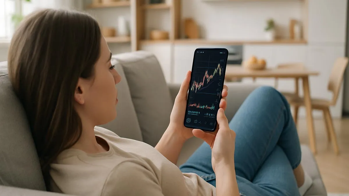 GenZ Investor Lying On Couch Looking At Financial Stock Charts On Her Mobile Phone
